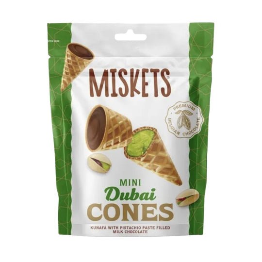 Miskets Mini Dubai Cones, coni di cialda con ripieno di pistacchio e cioccolato al latte da 50g