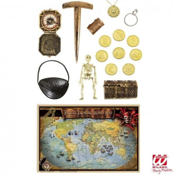 ACCESSORI PIRATA LUSSO (mappa dell'isola del tesoro, 2 forzieri, 8 monete, picchetto, scheletro