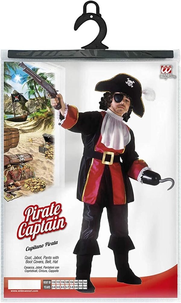 "CAPITANO PIRATA" (casacca, jabot, pantaloni con copristivali, cintura, cappello, benda per occhio)  TG 116 CM