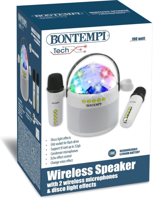 Cassa acustica wireless con 2 microfoni senza filo e
sfera luci led da discoteca