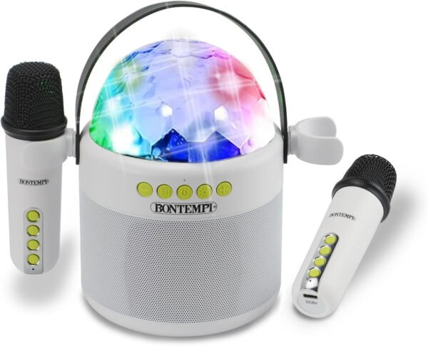 Cassa acustica wireless con 2 microfoni senza filo e
sfera luci led da discoteca