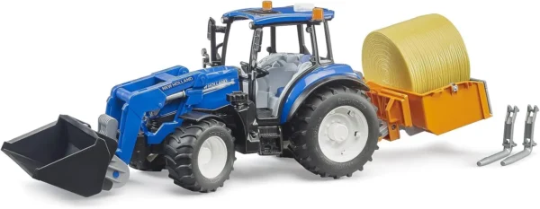 New Holland T5.120 con FL, cassone di carico, forche e 1 balla tonda