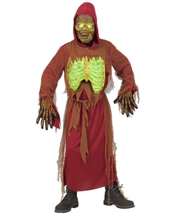 "SCHELETRO ZOMBIE" (tunica con cappuccio, cintura, maschera e busto ossa luminosi) (3 batterie AAA i
