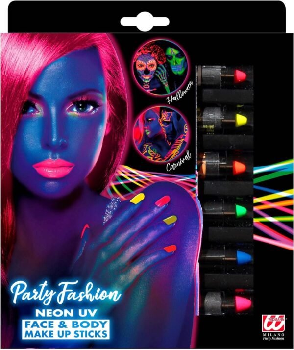 Set da 6 matite trucco fluorescenti in scatola con finestra (2 rosa fluo, 1 giallo, 1 arancione, 1