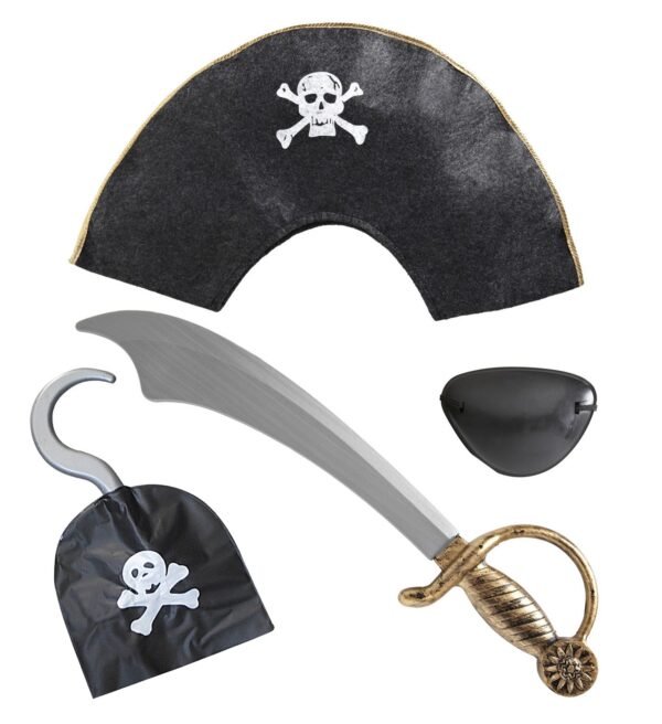SET PIRATA (cappello, sciabola, benda per occhio, uncino)