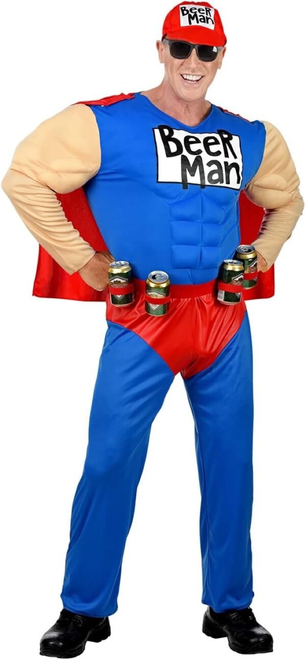Super beer man (tuta muscolosa con mantello, cintura porta lattine, cappellino)