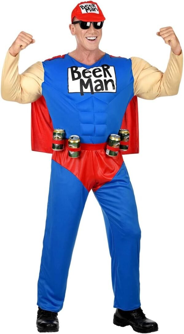 Super beer man (tuta muscolosa con mantello, cintura porta lattine, cappellino)