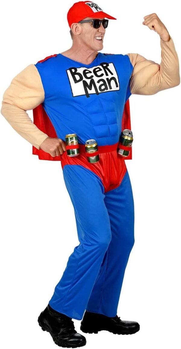 Super beer man (tuta muscolosa con mantello, cintura porta lattine, cappellino)