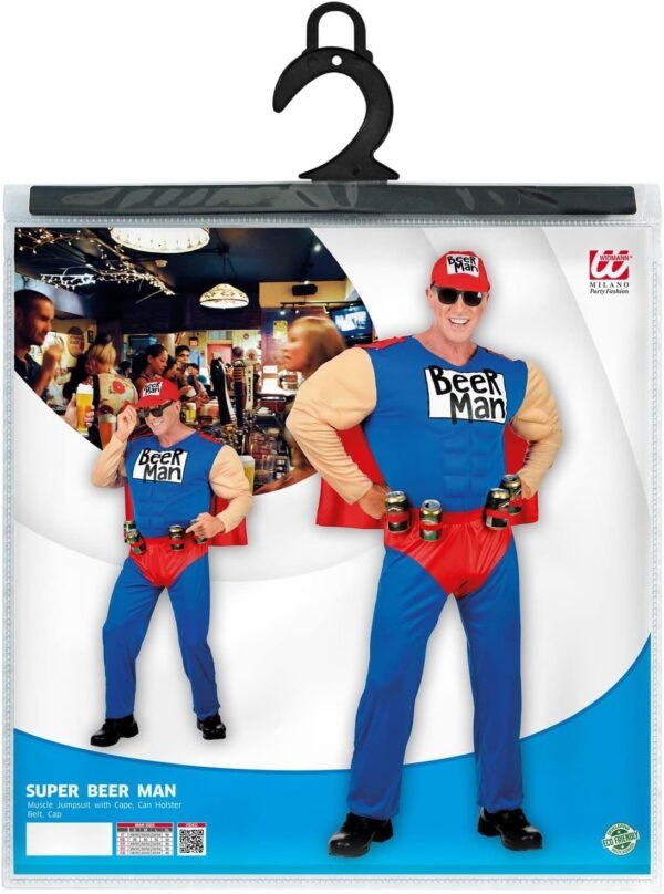 Super beer man (tuta muscolosa con mantello, cintura porta lattine, cappellino)