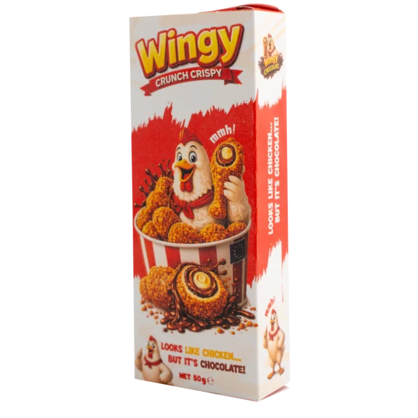Wingy chocolate, snack a forma di aletta di pollo con copertura croccante caramellata e ripieno di cioccolato e crema al latte da 50 g