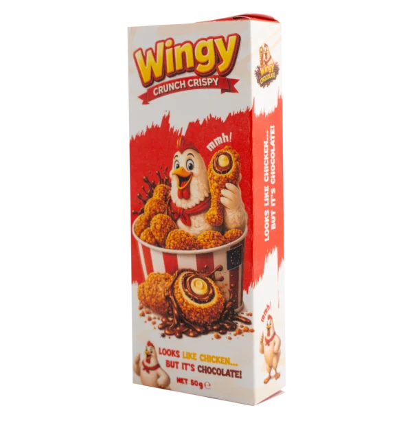 Wingy chocolate, snack a forma di aletta di pollo con copertura croccante caramellata e ripieno di cioccolato e crema al latte da 50 g