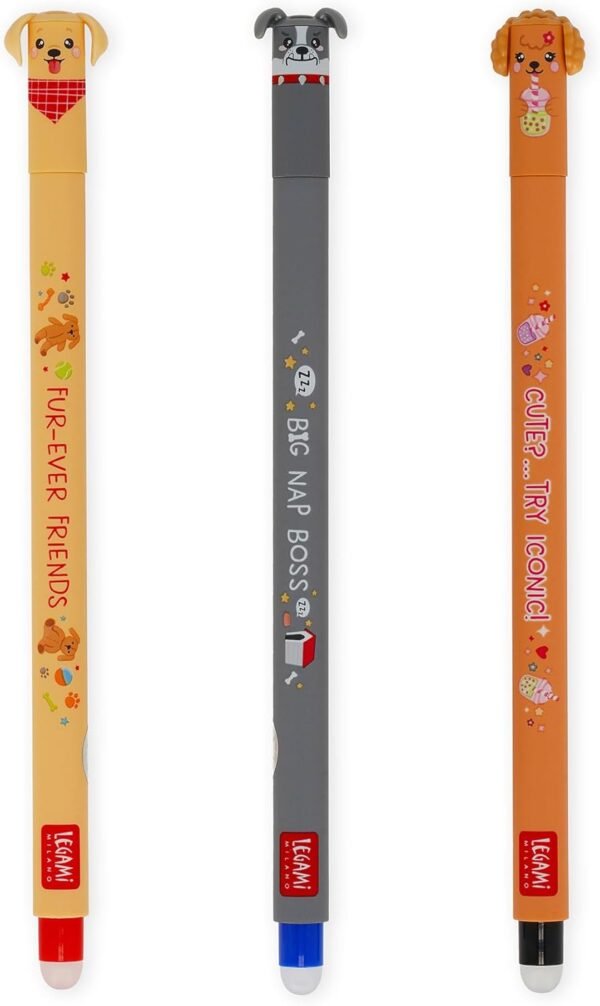 SET OF 3 ERASABLE GEL PENS - GOLDEN + BULLDOG + POODLE
