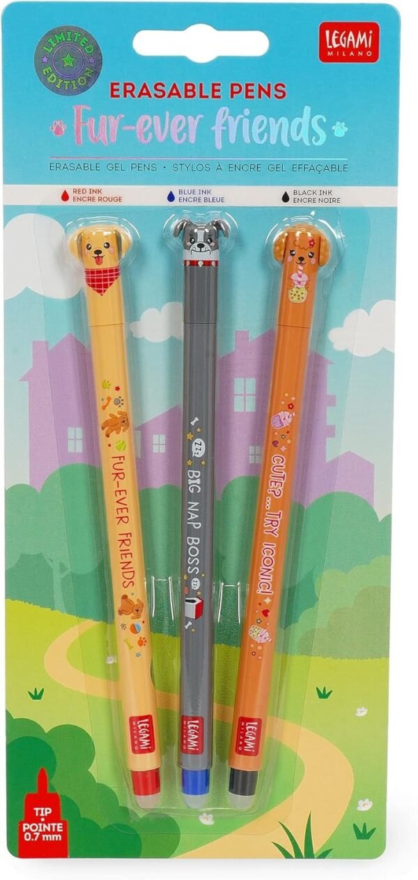 SET OF 3 ERASABLE GEL PENS - GOLDEN + BULLDOG + POODLE