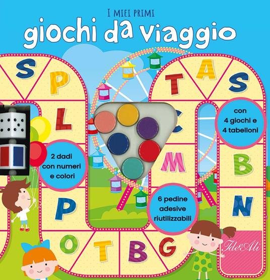Giochi da viaggio, 2 dadi con numeri e colori. Con 4 giochi e 4 tabelloni. 6 pedine
