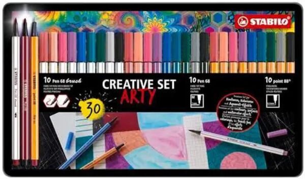STABILO ARTY Creative Set scatola in metallo da 10 Pen 68 brush, 10 Pen 68 e 10 point 88