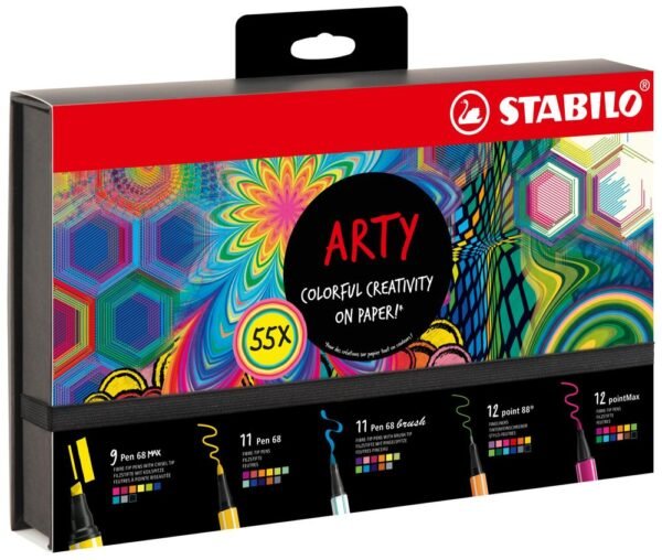 STABILO ARTY set punta in fibra: scatola in cartone da 55 pz ( 9 Pen 68 MAX, 12 pointMax, 11 Pen 68, 11 Pen 68 brush 12 point 88)