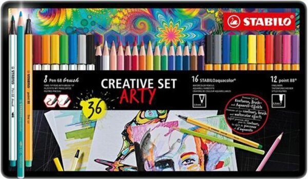STABILO Creative set ARTY scatola in metallo da 8 Pen 68 brush, 16 aquacolor, 12 point 88