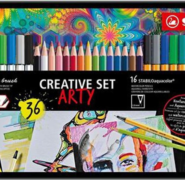 STABILO Creative set ARTY scatola in metallo da 8 Pen 68 brush, 16 aquacolor, 12 point 88