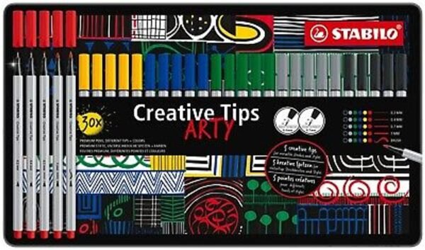 Stabilo creative tips scatola in metallo da 30pz. versione classic (carminio, giallo, verde smeraldo, blu oltremare, grigio e nero)